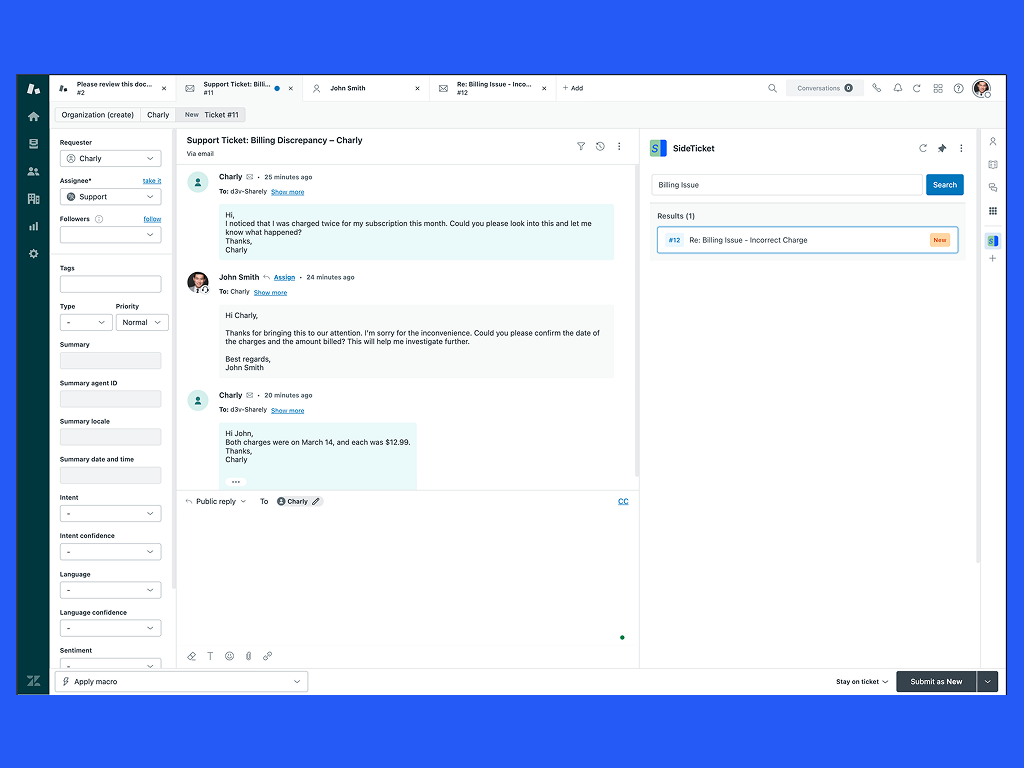 SideTicket dashboard view — Agent Productivity app on the Zendesk Marketplace