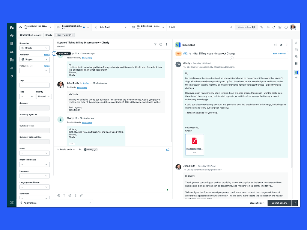 SideTicket feature detail — Agent Productivity app on the Zendesk Marketplace